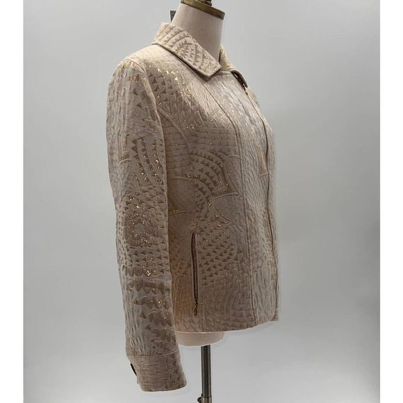 Chico's Cream/Gold Metallic Textured Lined Biker Jacket- 1(M) - Picture 12 of 13